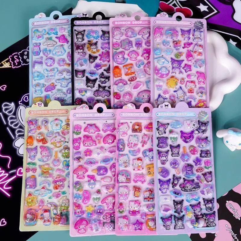 3D Наклейки Hello Kitty Объемные Melody Кристальные Kawaii Kuromi Светящиеся Cinnamoroll Наклейки Декали Наборы для Декора Детей подарок