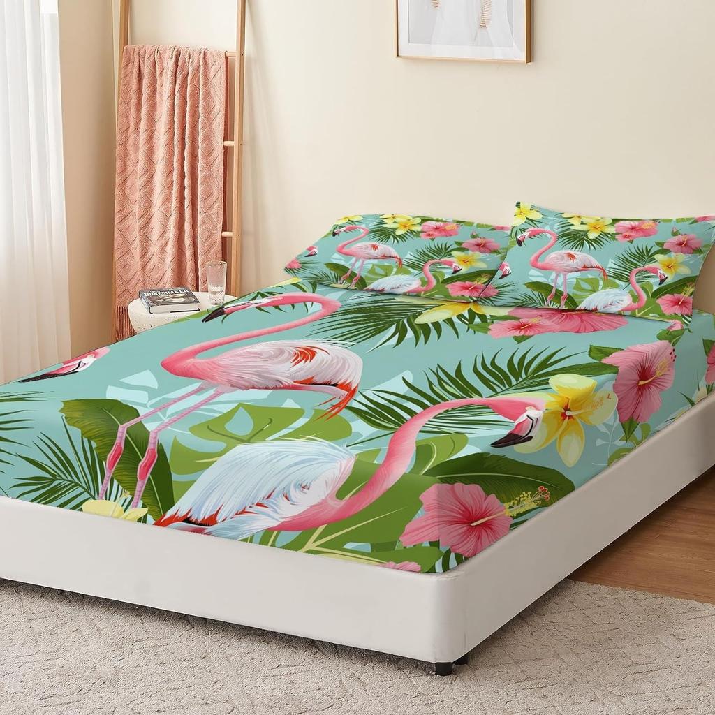 Простыни на резинке с цветочным фламинго, микрофибра с глубоким карманом 30 см, постельное белье мягкое дышащее устойчивое к выцветанию для детей и подростков