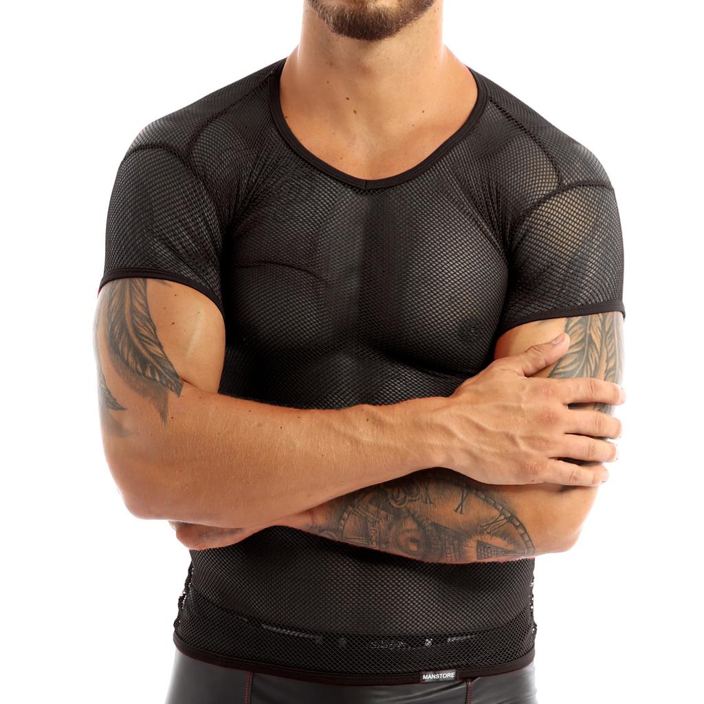 Mens Blouses Mesh Fishnet Short Sleeve Sheer Tank Top T-shirt Vest Tee