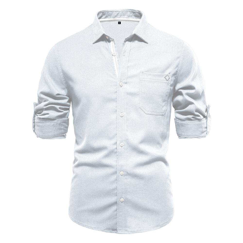 AIOPESON 100% хлопок, социальные мужские рубашки с одним карманом, однотонные рубашки с длинными рукавами для мужчин, блузка с отложным воротником, весенняя мужская блузка