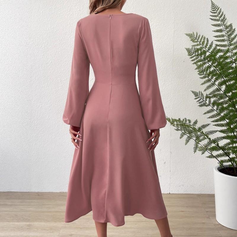 Womens V-Neck Lantern Sleeve Midi Dress A-Line Elegant Office Chic