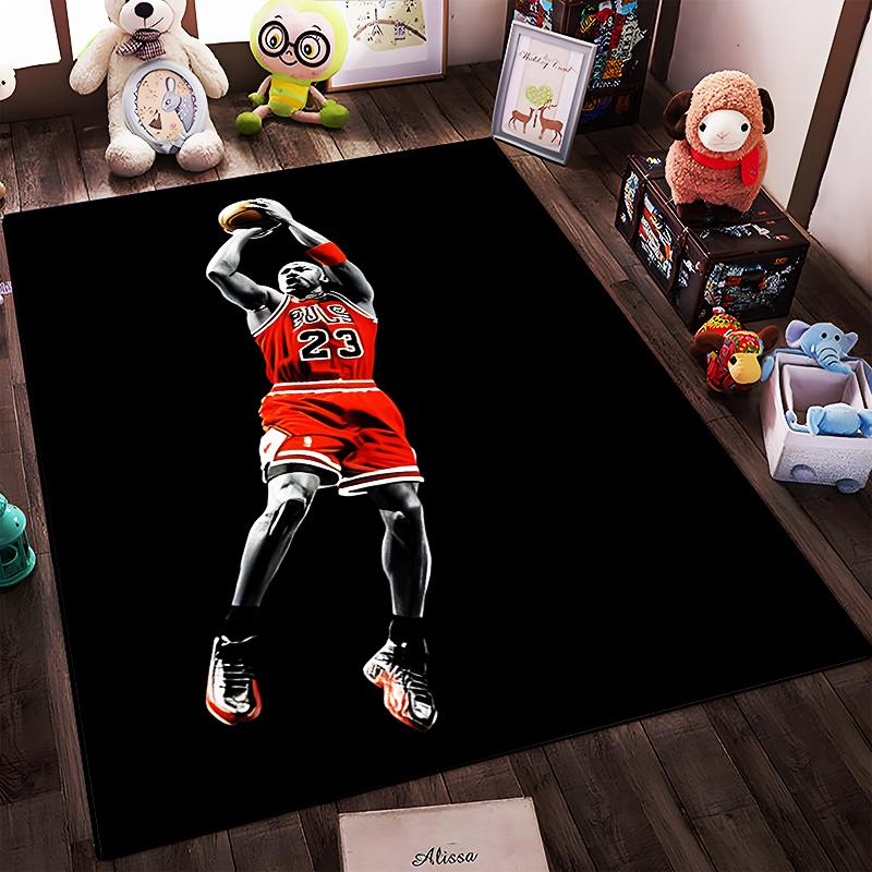 "Basketball Player in Red Jersey Art Rug" Non-slip rug suitable for living room and bedroom sofas.