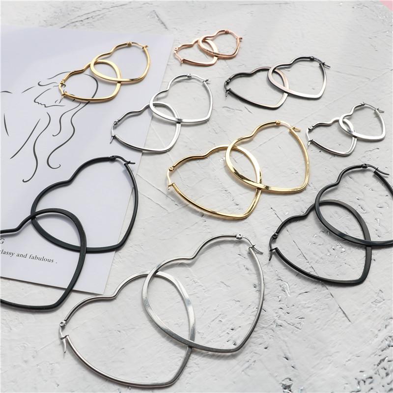 Fashion Heart Stainless Steel Big Hoop Earrings for Women 30 To 60mm Statement Simple Party Girl Gift Jewelry