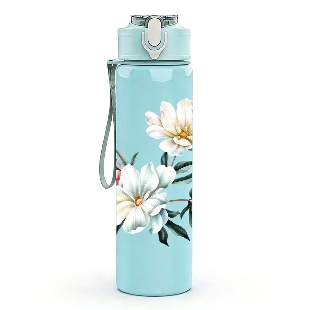 1PC White Watercolor Floral Graphic,750ml Color Plastic Sports Water Bottle,Leakproof Flip Straw Lid,Suitable for Sports Office Home Use