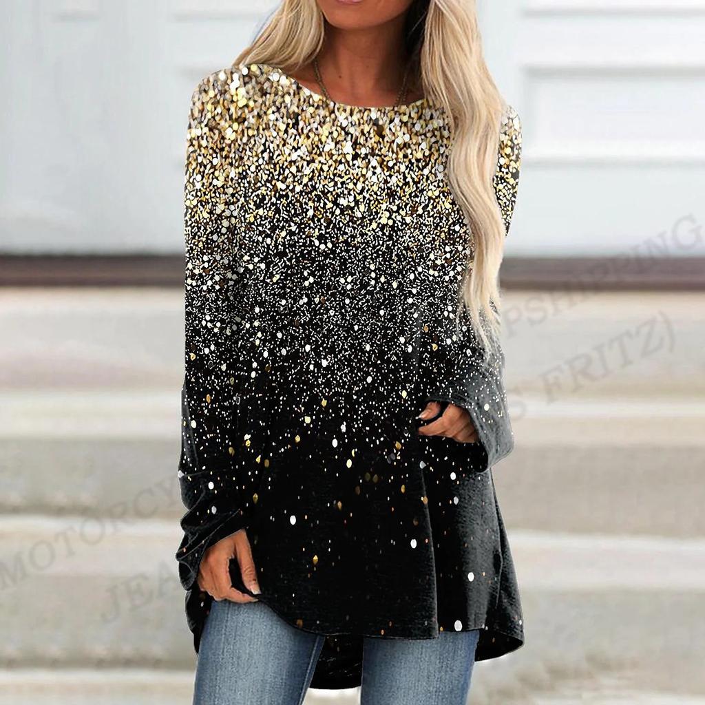 Весенне-осенние женские футболки с круглым вырезом, градиентным блестящим узором и 3D-принтом, модные повседневные с длинным рукавом