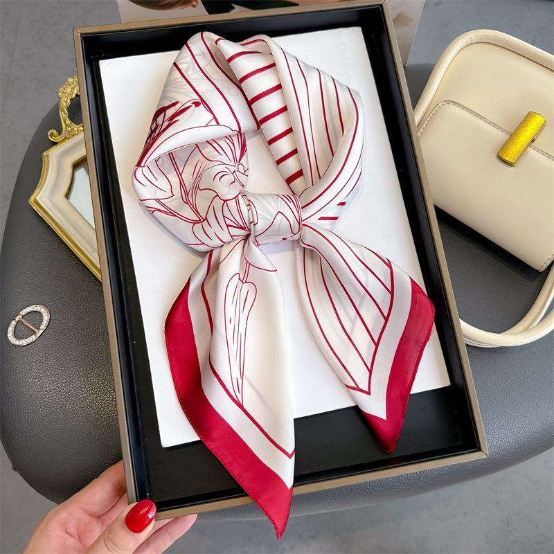 Lily Printed 70 Square Scarf Imitation Silk Sunscreen Scarf Versatile Decorative Scarf Women'S Headscarf Silk Scarf