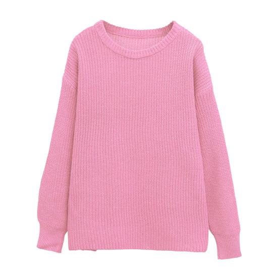 Женский пуловер с круглым вырезом, длинными рукавами, из эластичной ткани, вязаный топ, однотонный, свободного кроя