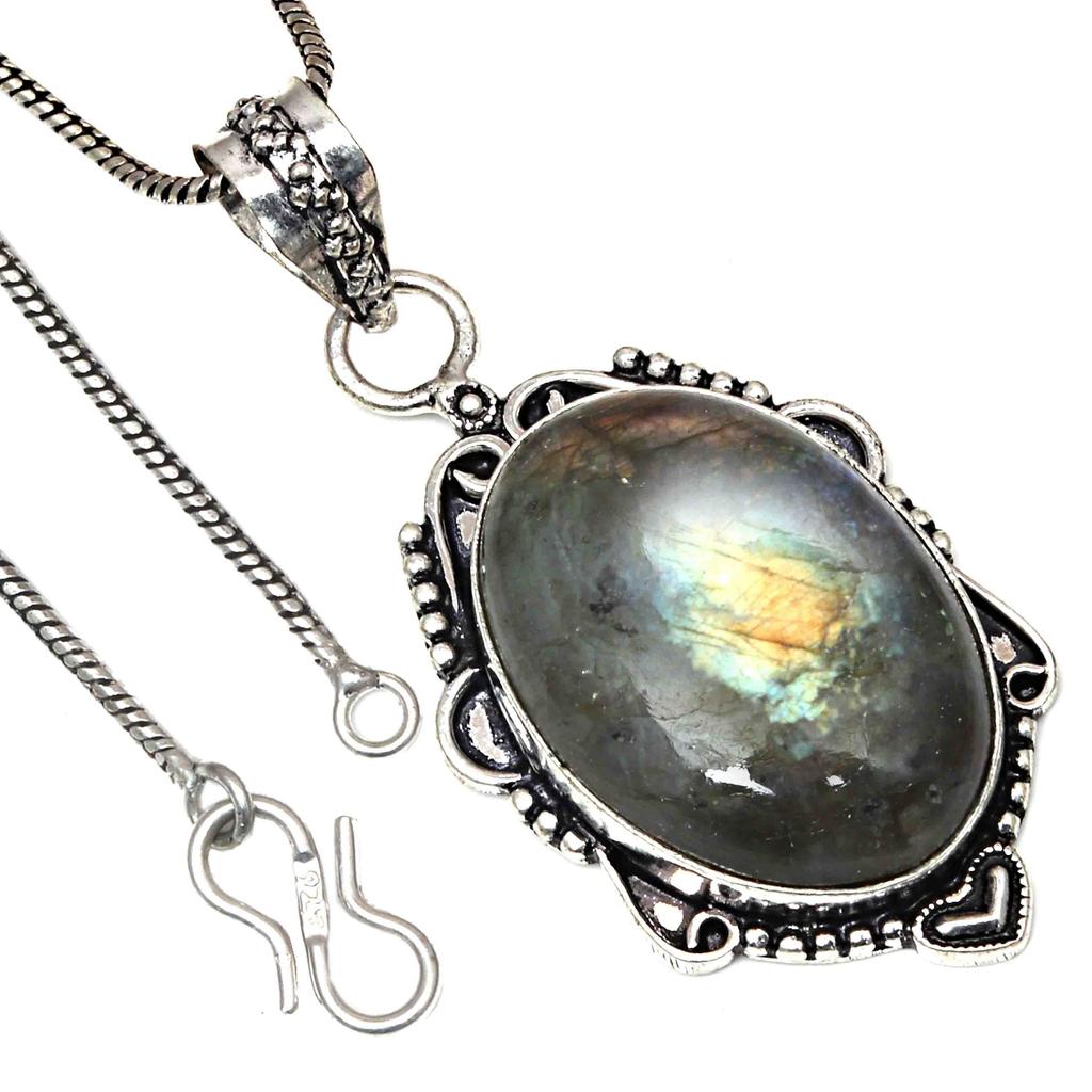 Pendant Shiney Labradorite Gemstone Valentine'Day Gift Silver Jewelry 2.25"