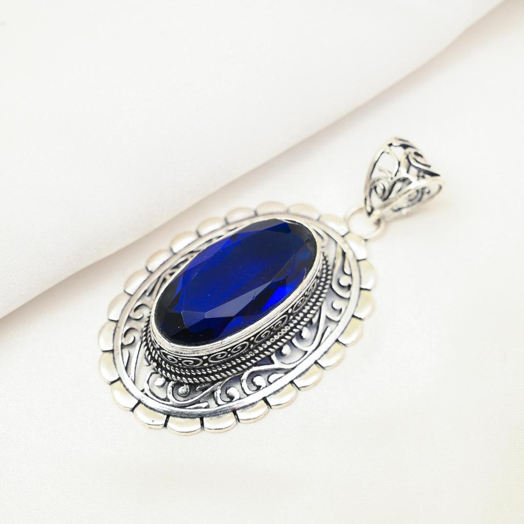 Подвеска с синим сапфиром, подвеска из драгоценного камня ручной работы, подвеска из стерлингового серебра 925 пробы, антикварные ювелирные изделия, для подарка на помолвку