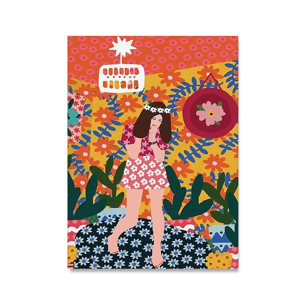 Абстрактная красочная модная девушка, растение, настенная живопись на холсте, скандинавский бохо, современный постер и принты, картина для декора гостиной