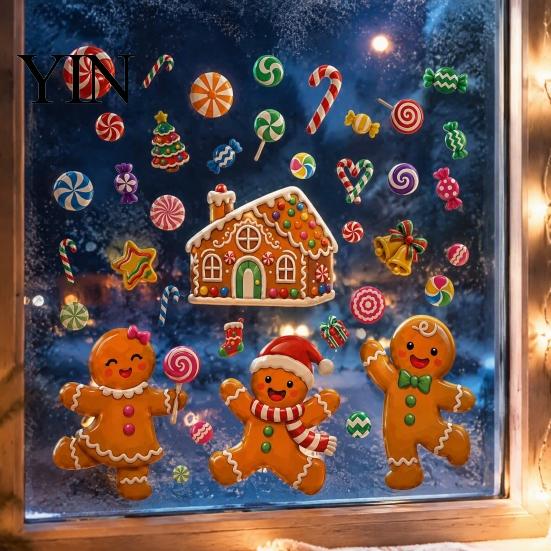 Christmas Party Supplies 4Pcs Gingerbread Window Stickers, Candy Cane Decals, Reusable Tree Glass Decals Decorations for Home Office Xmas Decor