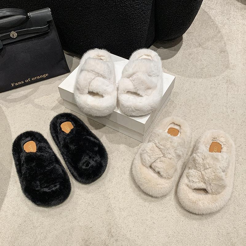 Популярные в интернете женские осенне-зимние новые хлопковые тапочки с открытым носком и пушистой отделкой, на толстой подошве, нескользящие, с перекрещенными ремешками