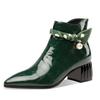 Модные женские ботильоны из лакированной кожи FHC, короткие ботильоны с тисненым цветком, зимняя обувь с жемчугом, боковая молния, острый носок, зеленый, черный, дропшиппинг