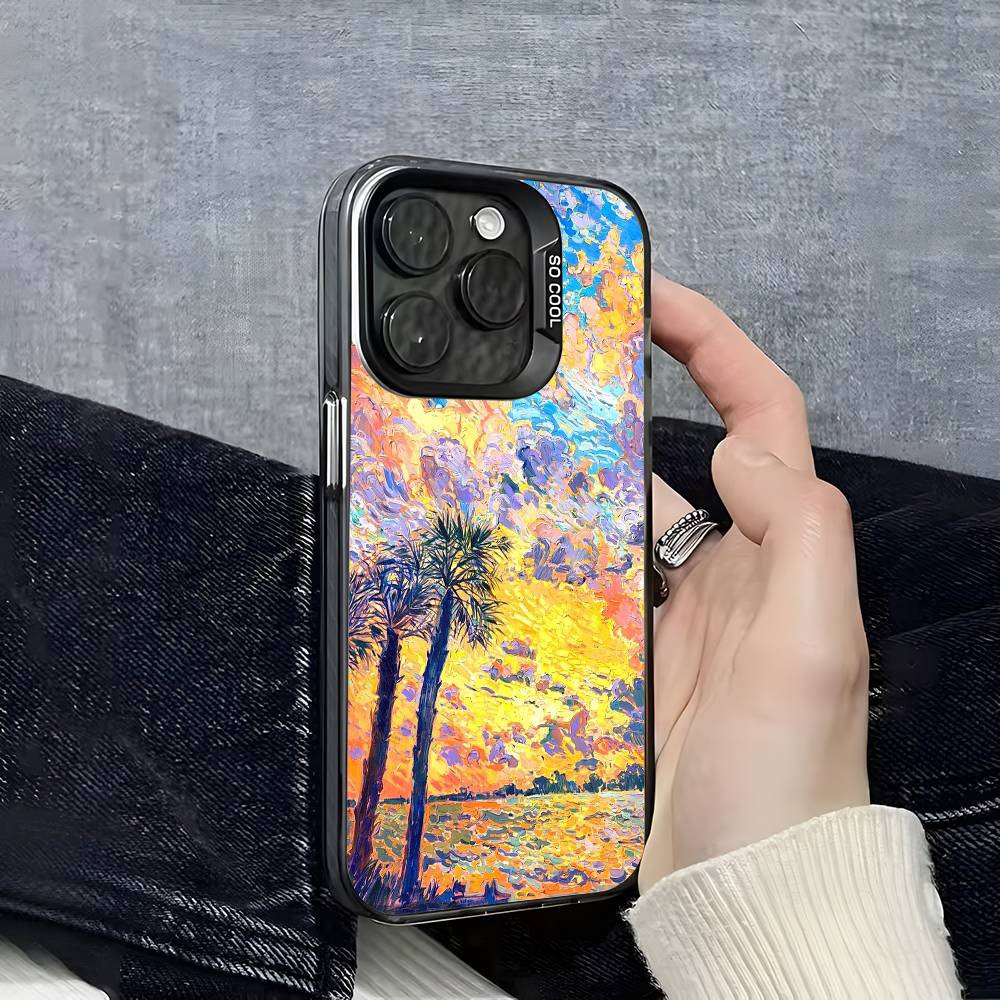Colorful Oil Landscape Phone Case For iPhone 16 15 14 13 12 11 Pro Max Grey Black Phone Covers Matte Laser Metallic Aurora Funda