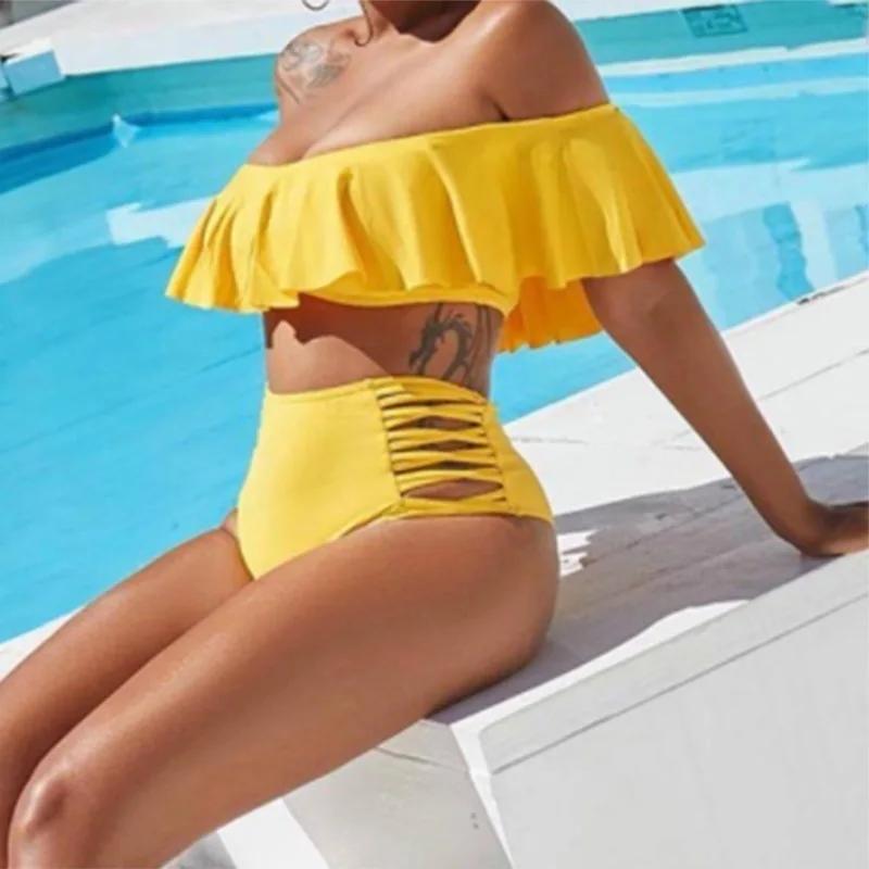 2024 Новый сексуальный женский купальник с открытыми плечами, однотонный купальник больших размеров, танкини с оборками, комплект бикини с высокой талией, купальный костюм Mujer 5XL