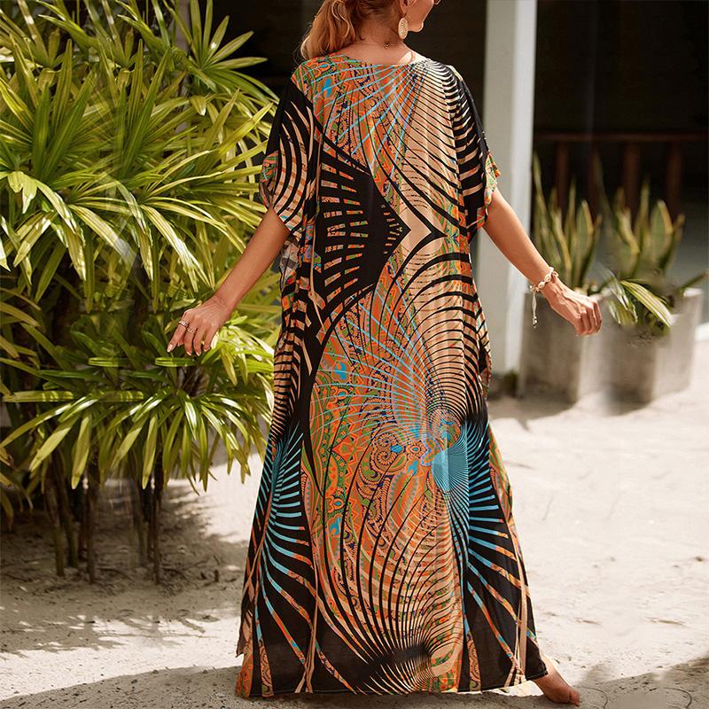 Женские Повседневные Пляжные Платья-Кафтаны С Коротким Рукавом Домашняя Одежда Кафтан Купальник Накидка Дубайское Платье С этническим Принтом Летняя Туника KTB