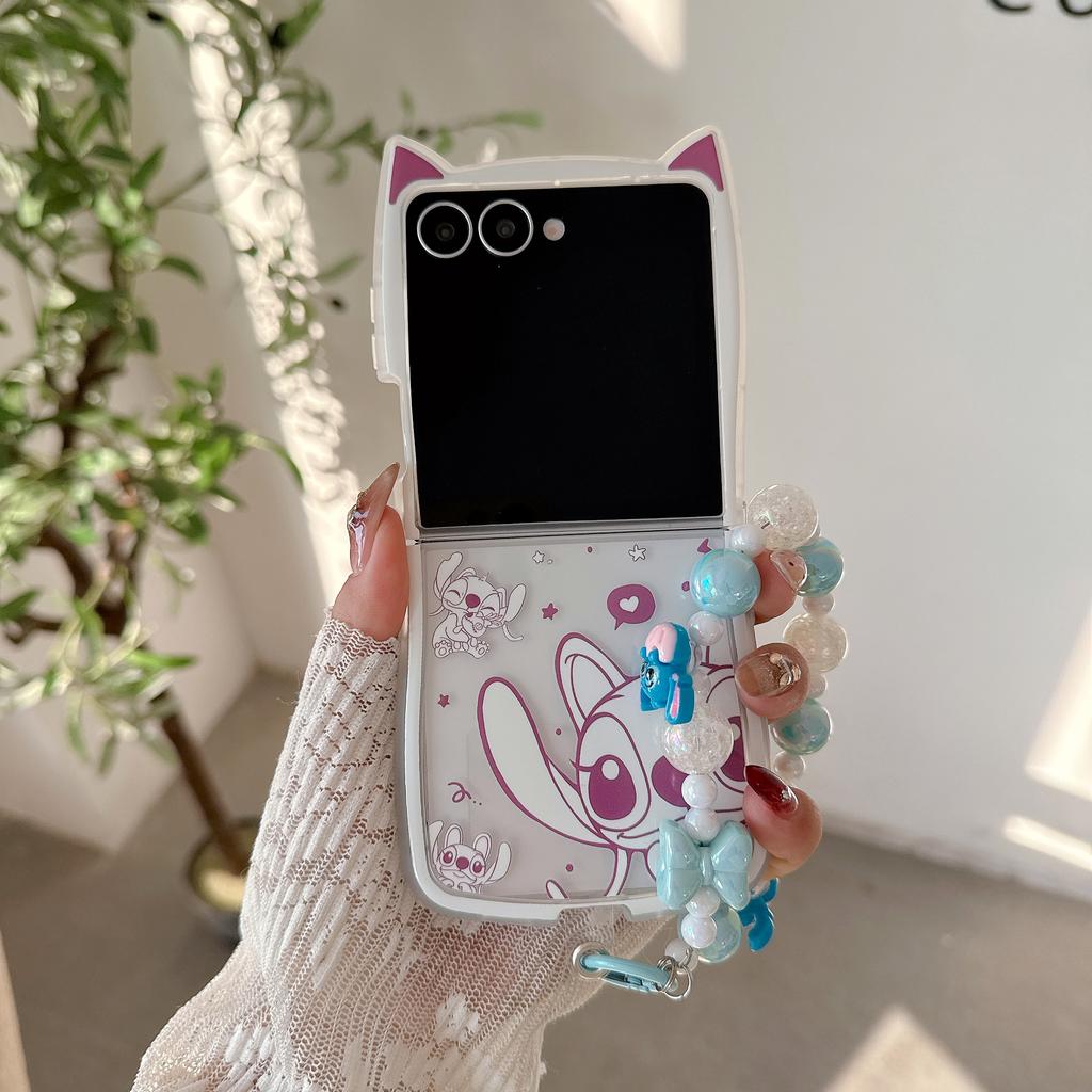 Милый 3D Чехол-Кот с Ушками и Стичем для Мультяшного Телефона Samsung Galaxy Z Flip 3 4 5 6 7 7FE Кавайный Защитный Чехол с Бусинным Шнурком