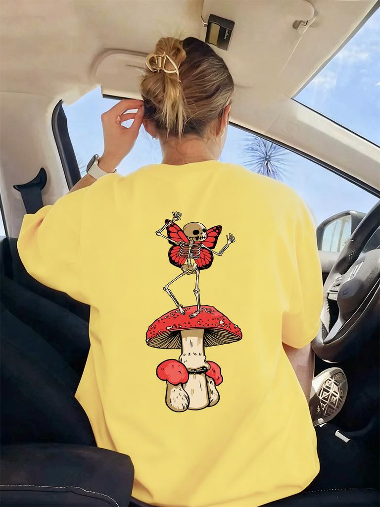 Skull Wings Mushroom Prints TShirts Women Summer ONeck Short Sleeve Tops Comfortable Loose T Shirt Basics Soft Woman Clothes