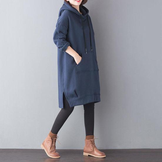 Женская толстовка с капюшоном на осень-зиму с большим карманом, завязками на шнурке, разрезом по низу, однотонная, свободная длина до колена