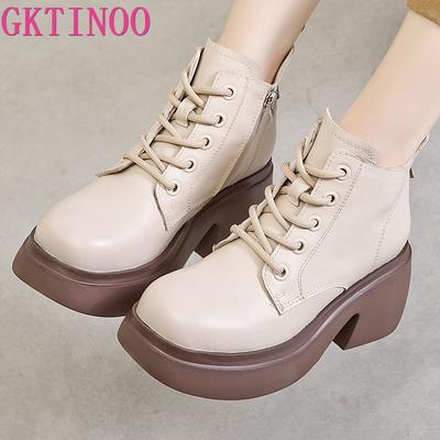 Модные женские ботильоны GKTINOO на толстом высоком каблуке, осенние, с круглым носком, на массивной платформе, 100% натуральная кожа, ботильоны до щиколотки, женские ботинки на молнии