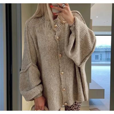 Однотонный повседневный кардиган на металлических пуговицах, кардиган-свитер с рукавами летучая мышь
