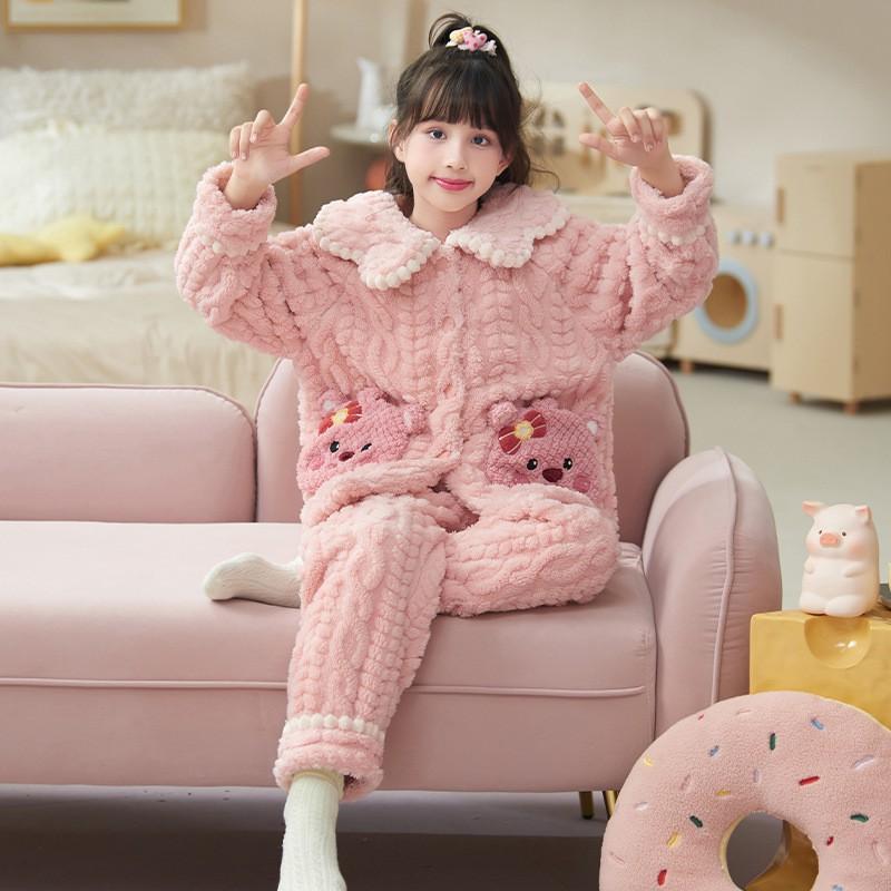 Girls Coral Fleece Pajama Set Long Sleeve Warm Thick Hooded Sleepwear Winter Home Wear