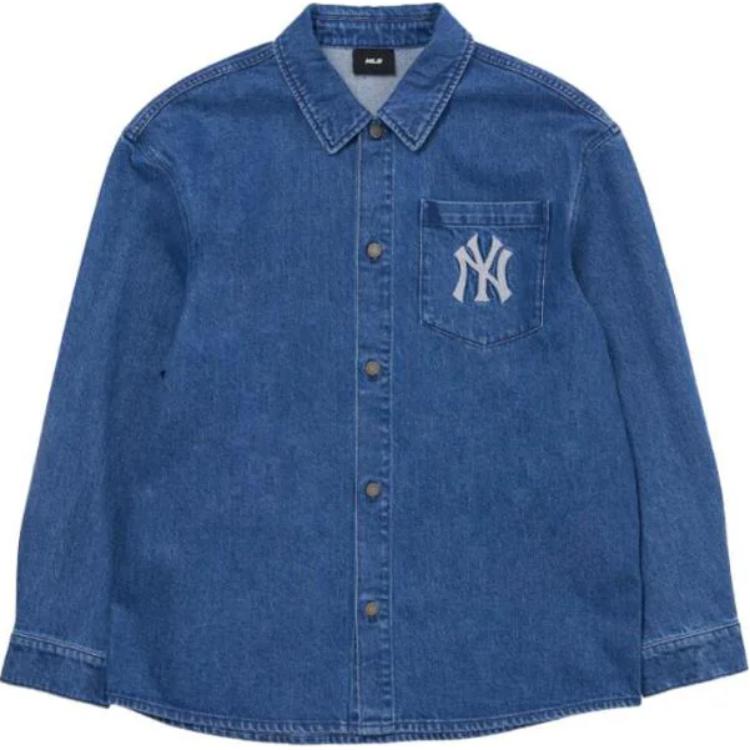 New MLB New York Yankees Denim Coopers Mega Logo New York Yankees Denim Shirts Shirt Unisex Blue 3ADRB0144-50INS