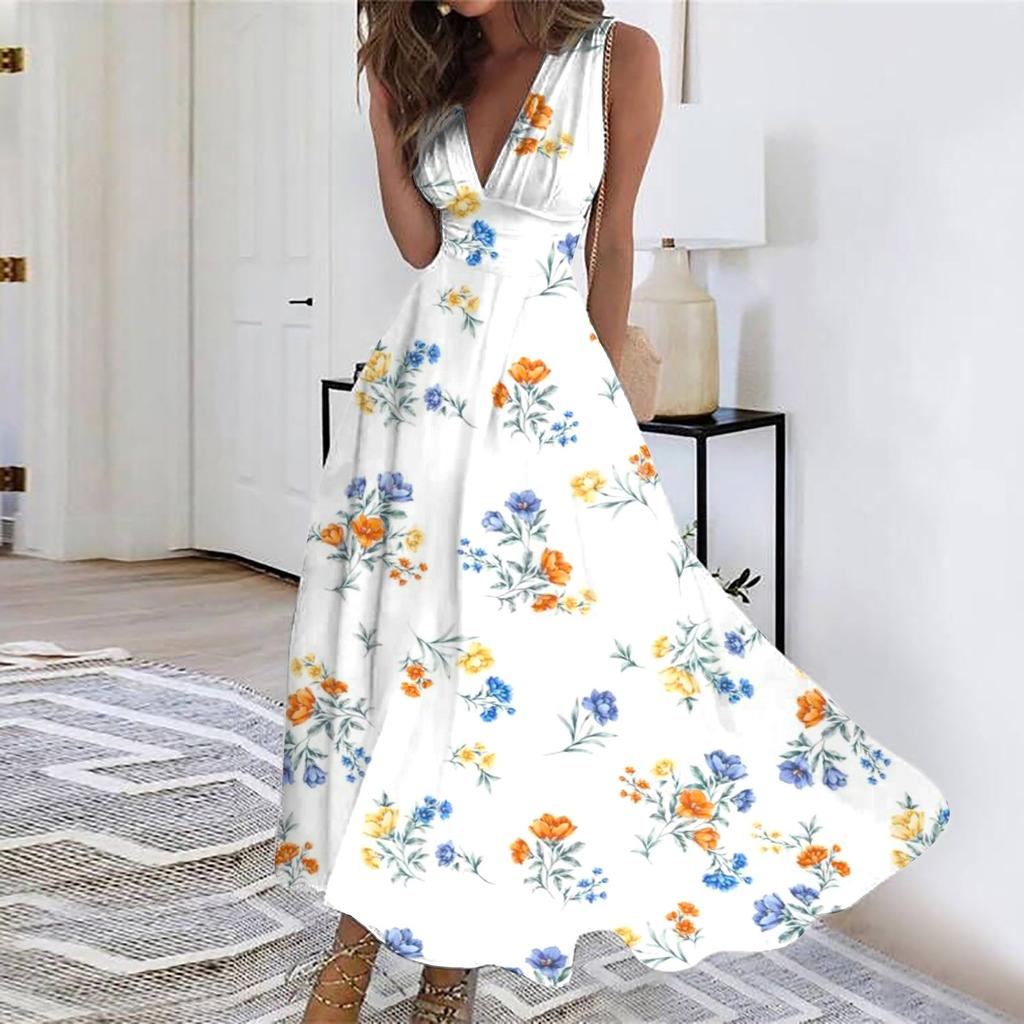 Женское длинное платье Платье макси Повседневное платье Летнее повседневное платье без рукавов с v-образным вырезом в стиле бохо с талией и принтом