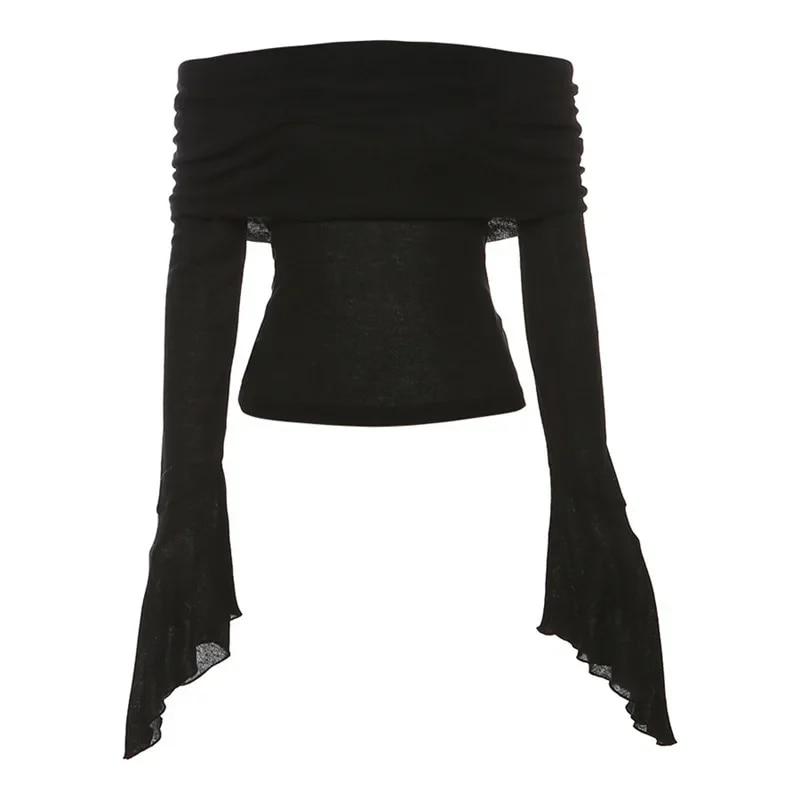 Y2k Эстетические женские полупрозрачные футболки с вырезом и длинным рукавом, однотонные повседневные футболки, винтажные сексуальные милые футболки с открытыми плечами