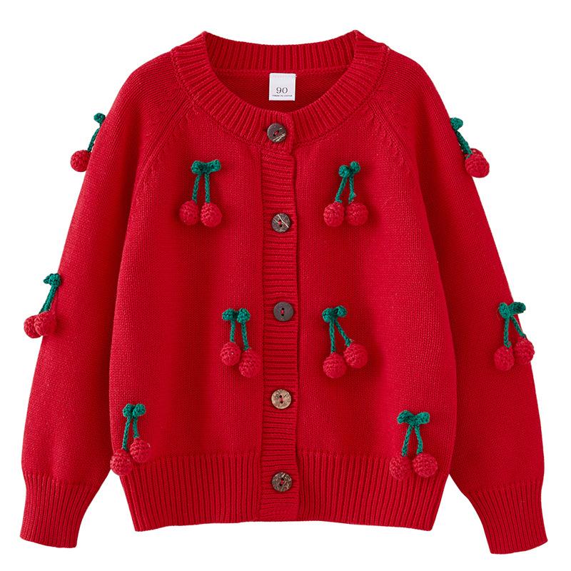 Весенне-осенний кардиган Cherry для девочек, вязаный хлопковый детский свитер с круглым вырезом