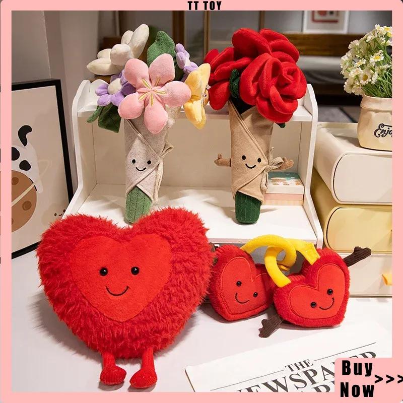 Cartoon Heart Plush Toy Rose Bouquet Plush Lock Heart Desktop Ornament Room Decoration Cute Toy Hug Pillow Girl Gift Collectible