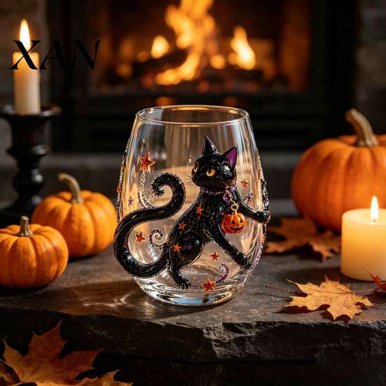Festive Beverage Cups Halloween Glass Tumbler, Embossed Pumpkin Ghost Cat Bat Drinking Glass, Kitchen Counter Decor Spooky Stemless Cups, Seasonal