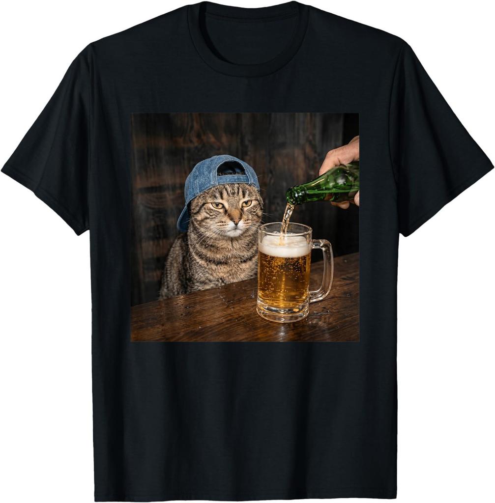 Funny Cat Drinking Beer Hat Graphic Unimpressed Tabby T-Shirt