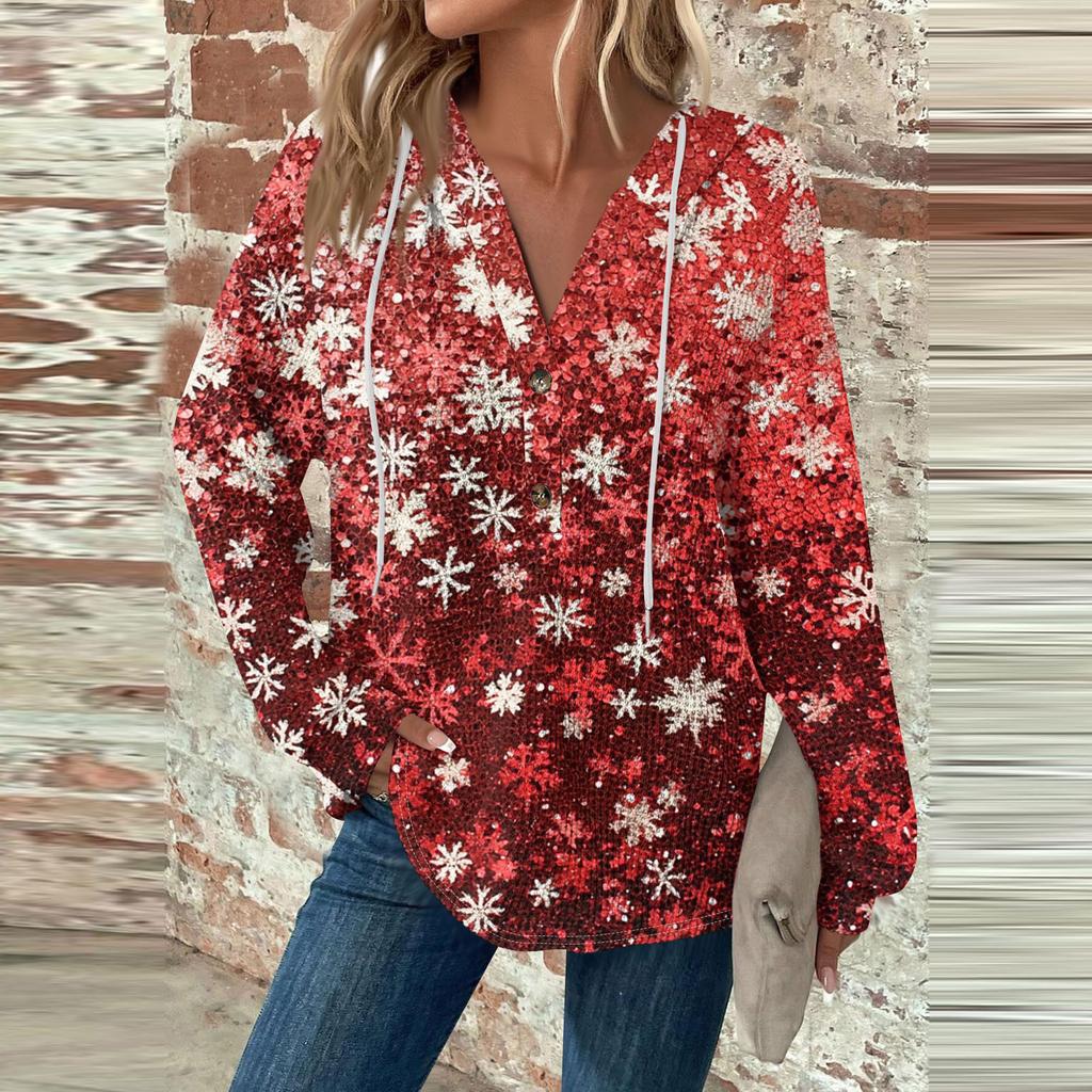 Женская мода с длинным рукавом, завязками на шнурке, капюшоном, пуговицами, V-образным вырезом, повседневная толстовка с капюшоном и рождественским принтом