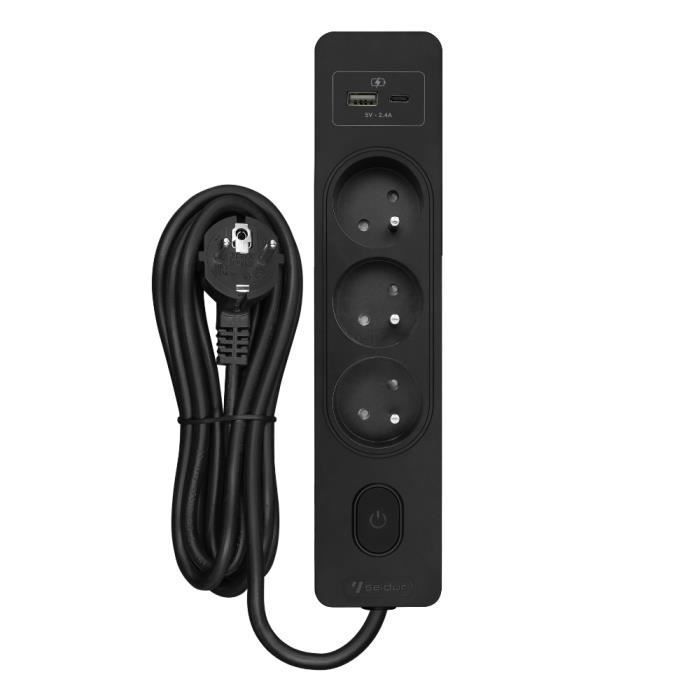 Multiprise SELDUR G3FU32S, 3 prises type E + interrupteur, USB A+C charge standard 12W, Noir, câble 3m