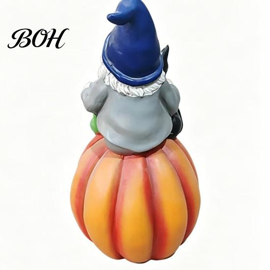 Holiday Gift for Her Halloween Gnome Outdoor Garden Statue, Resin on Pumpkin Figurine with Cute Black Cat Cat, Fall Autumn Dwarf Sculpture Porch Yard
