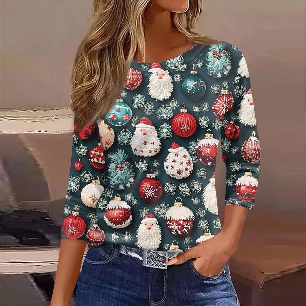 Женская футболка с рождественским принтом, рукав 3/4, повседневная, модная, на выходные, базовая, с круглым вырезом, стандартный топ