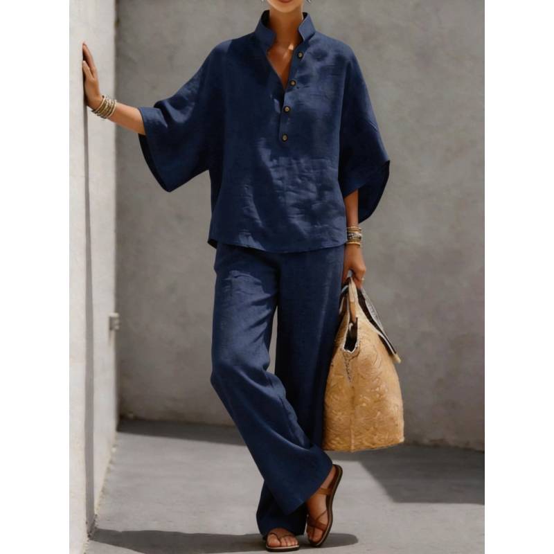 Cotton Linen Twopiece Set For Women With Button Splicing For Casual Spring Summer Wear