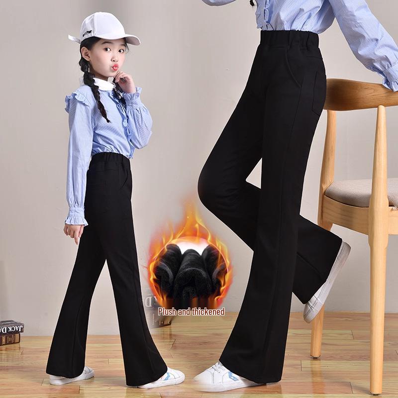 Стильные черные расклешенные брюки для девочек - Приталенный пояс, Осень/Зима 2025, Повседневные, Длинные, для подростков