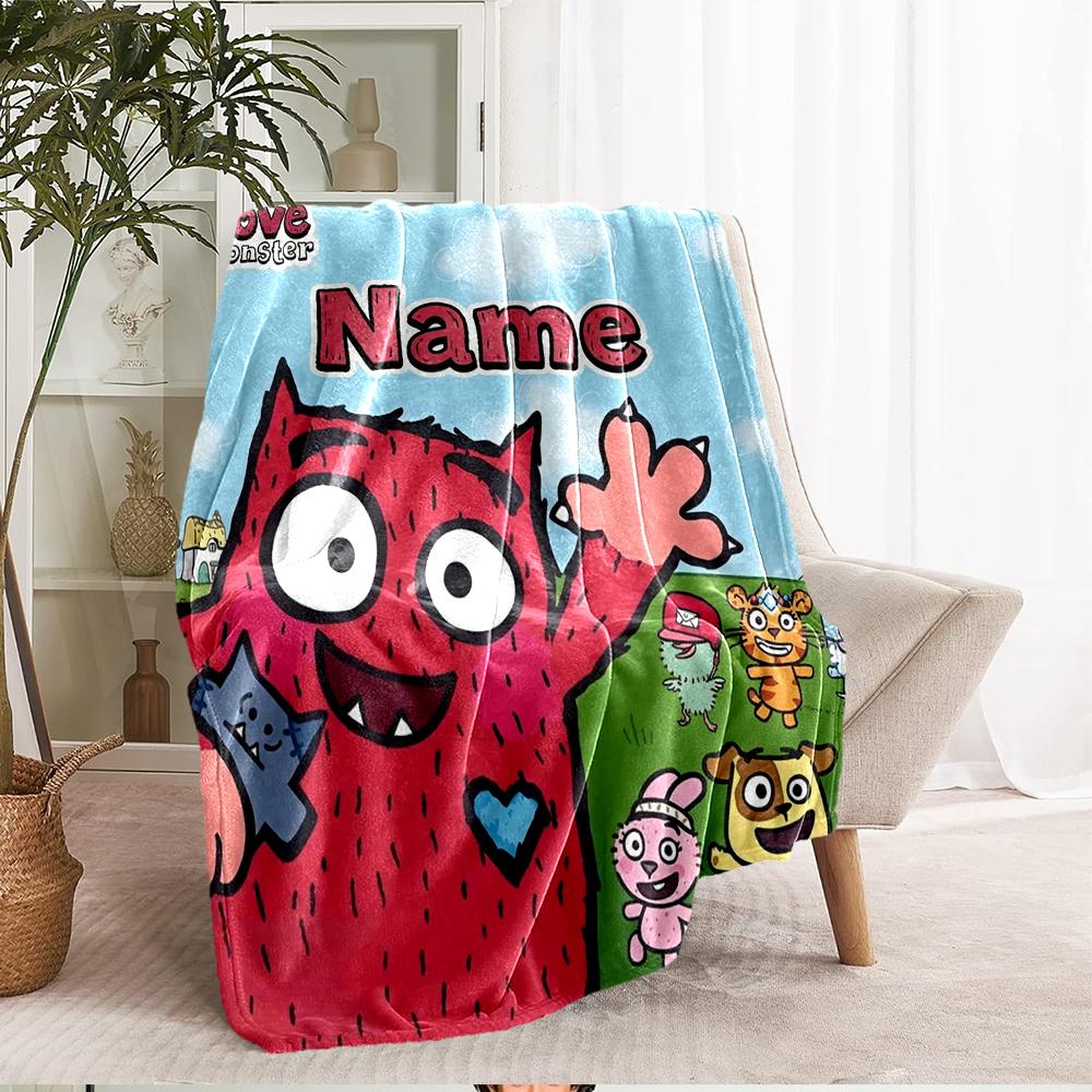 Custom Name Love Monster Theme Printed Blanket - Perfect for Couch, Bed, Travel & Outdoor Use | Machine Washable, Cozy & Durable.