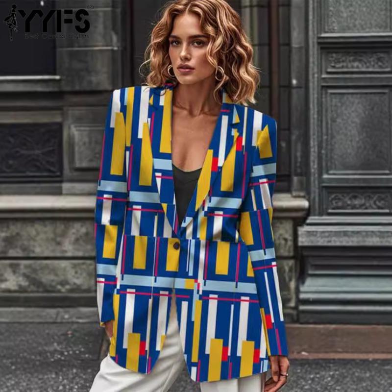 YYFS Женская мода повседневная цветная блочная печать осень-зима длинный рукав поло воротник куртки и пальто