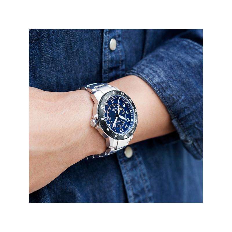 Citizen Серия Eco-Drive Водонепроницаемость 200 метров Солнечный кварц Стальной ремешок Мужские часы Синий циферблат BJ7094-59L