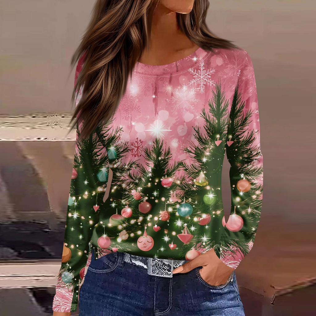 Женская мода повседневный топ с разрезом по низу и рождественским принтом с круглым вырезом и длинными рукавами