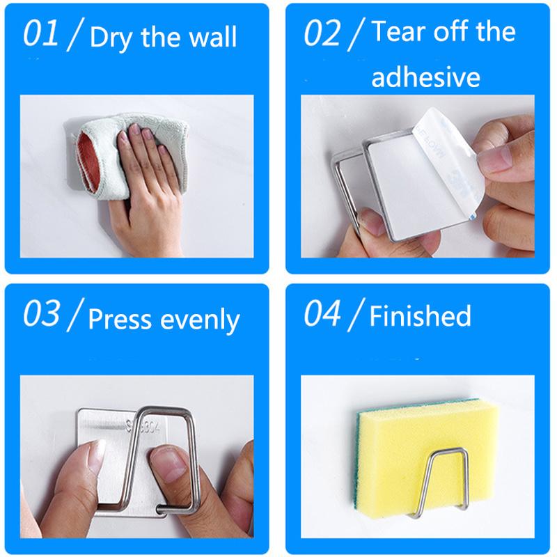 Stainless Steel Sponge Holder Rack Shelf Adhesive Kitchen Sink Organizer Bathroom Kitchen Dishcloth Holder For Towel Rag Hanger