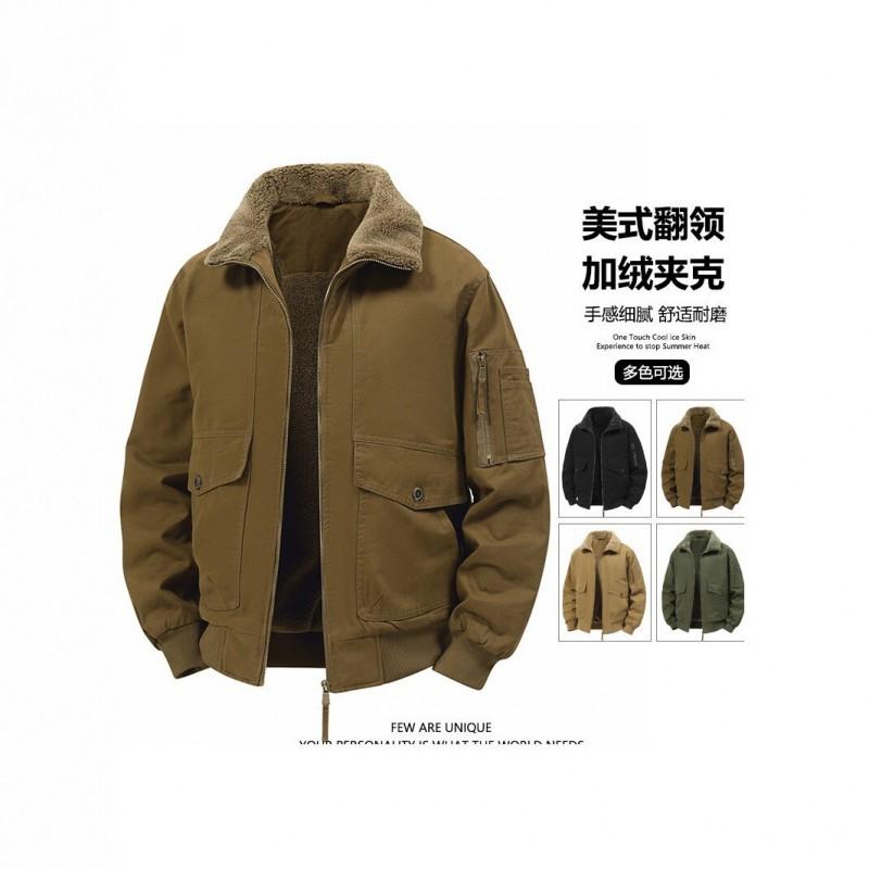 Mens Cotton Fleece-Lined Work Jacket With Collar Multi-Pocket Warm Windproof Outerwear Fall Winter
