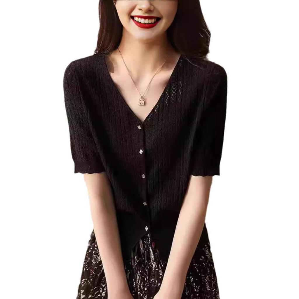 Женский комплект кардигана и юбки из ледяного шелка - Летний комплект с коротким рукавом свободного кроя