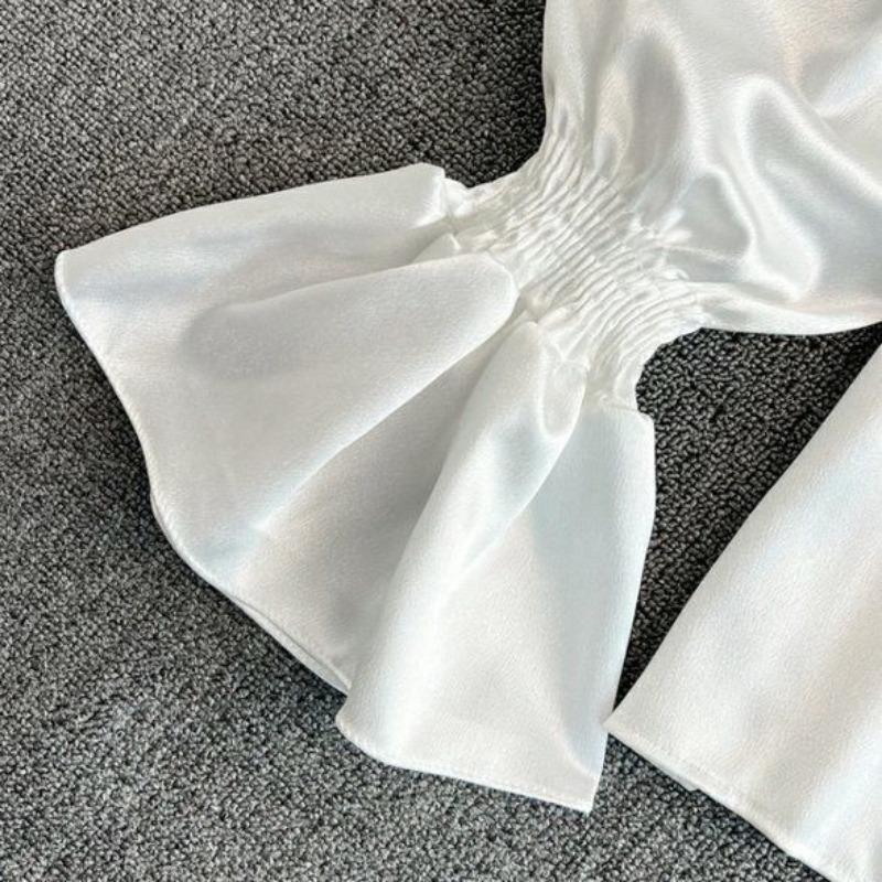Винтажные однотонные блузки Женские Элегантный ацетатный сатин Воротник-стойка Дизайн рукавов-клеш Новые Шикарные Милые Свободные оборки Женские Топы