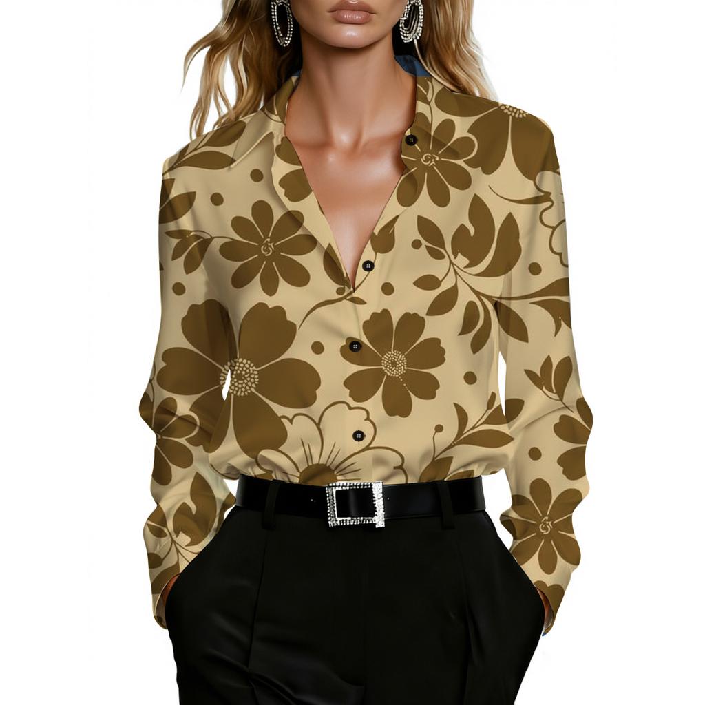 Women Carnation Butterfly Art Print Lapel Long‑Sleeve Shirt, Elegant Temperament, Perfect for Business Work, Girlfriends Meet‑up and Street Shopping
