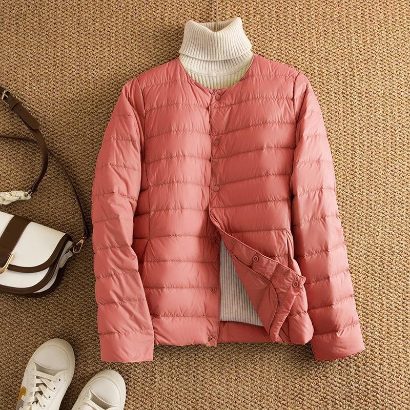 Womens Lightweight Packable Down Jacket No Collar Slim Fit Short Puffer Coat Winter