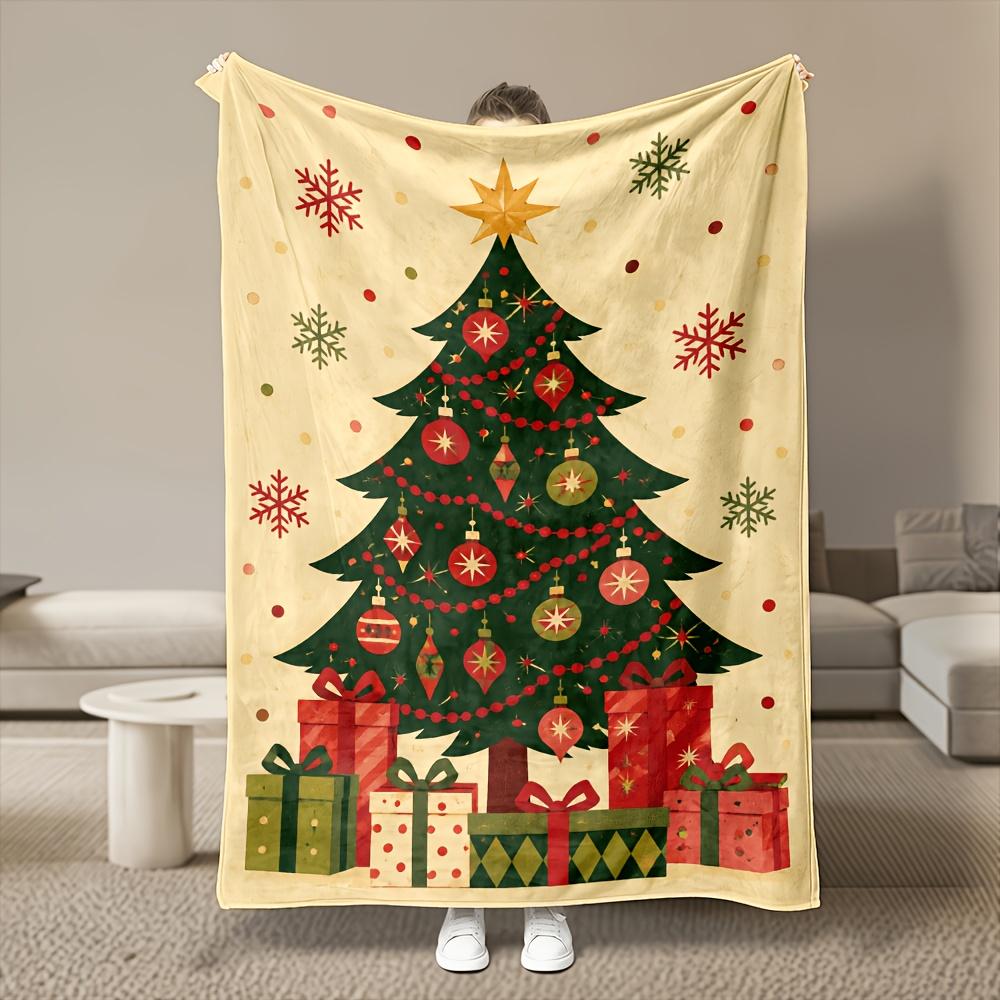1pc Christmas Tree Gift Box Flannel Blanket, Cozy Soft Warm, All-Season Use, 280GSM Heavy, Machine Washable for Easy Care, Great for Bedroom, Sofa, Be